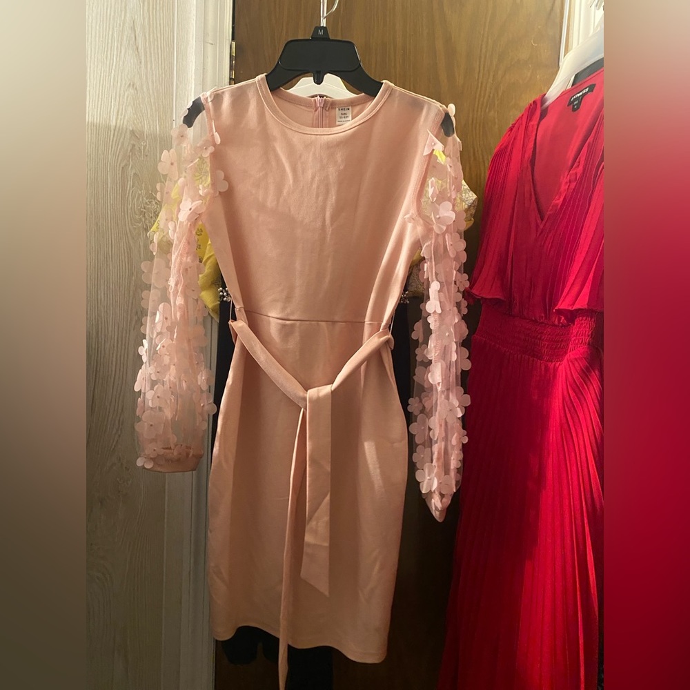 Light pink cocktail dress with shear sleeves